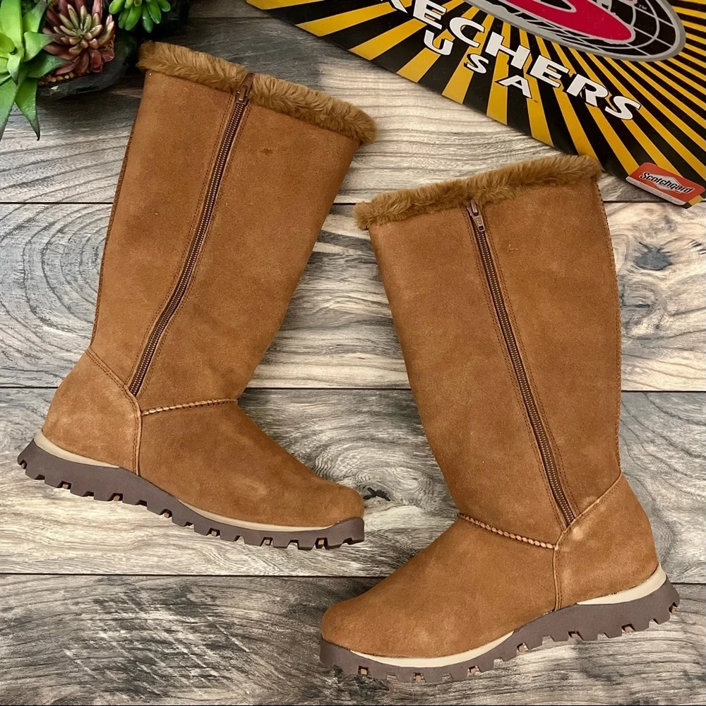 NIB Skechers Grand Jams Snowdrop Mid Calf Winter Boots Chestnut Suede - Picture 2 of 12